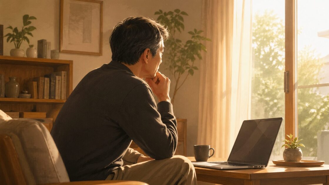 自宅でノートパソコンを前に転職を考える40代・50代の男性