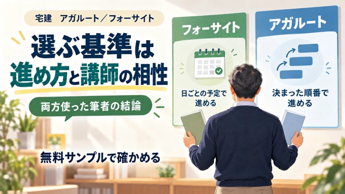 宅建のアガルートとフォーサイト、選ぶ基準は進め方と講師の相性。フォーサイトは日ごとの予定で、アガルートは決まった順番で進める