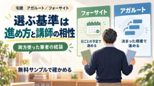 宅建のアガルートとフォーサイト、選ぶ基準は進め方と講師の相性。フォーサイトは日ごとの予定で、アガルートは決まった順番で進める
