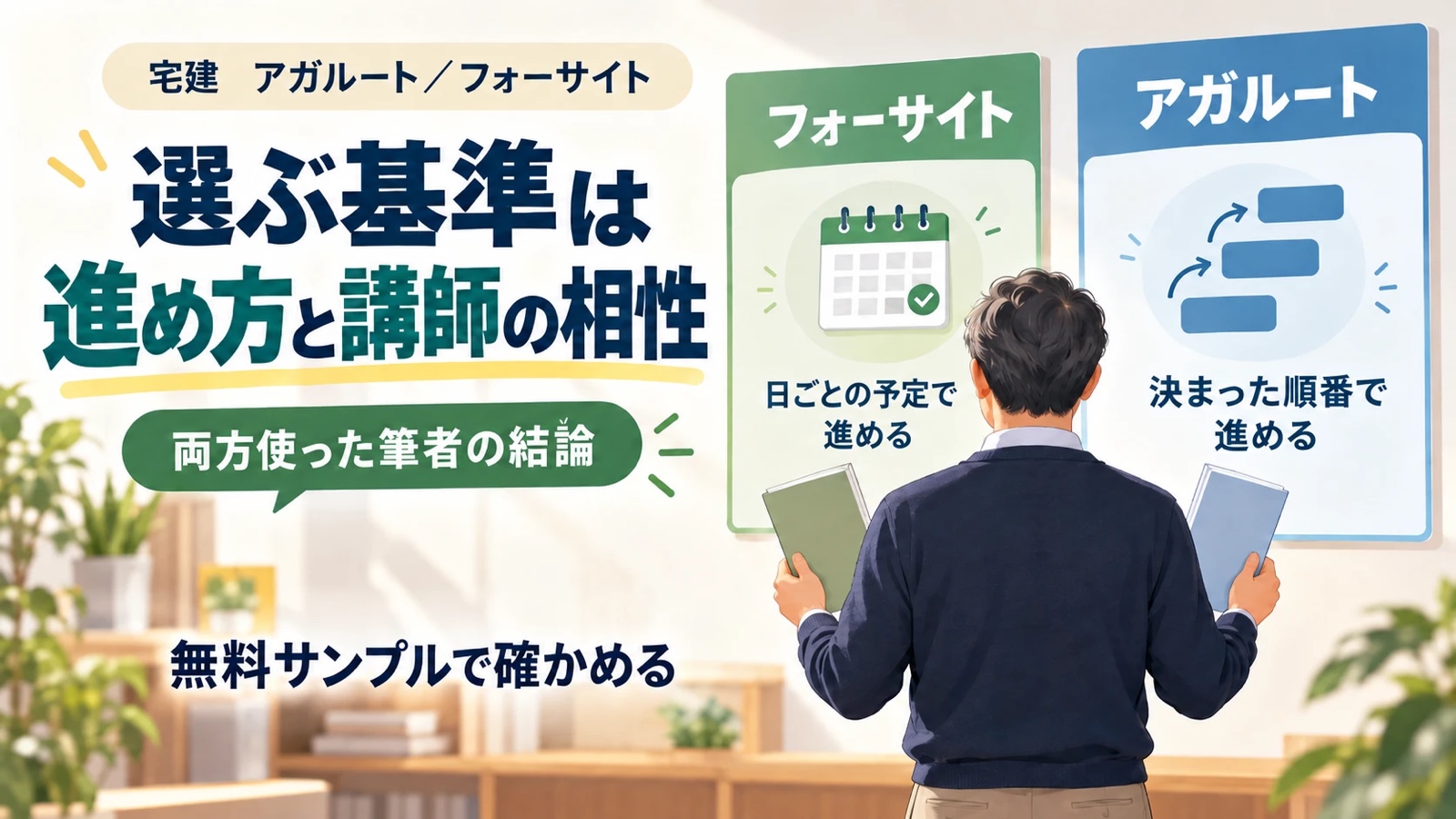 宅建のアガルートとフォーサイト、選ぶ基準は進め方と講師の相性。フォーサイトは日ごとの予定で、アガルートは決まった順番で進める